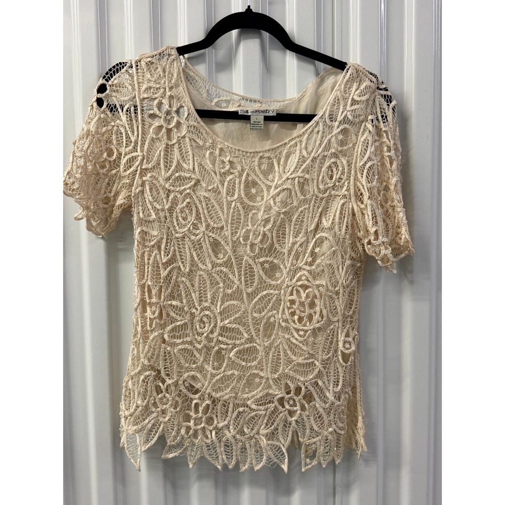 Silken Poetry Lace Top Womens Large Cream Excellent Beaded Silk Floral Blouse